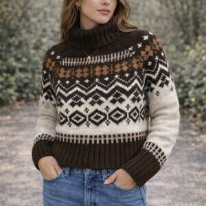 American Eagle VTG SZ XS Cotton Blend Fair Isle Turtleneck Sweater Cream Brown